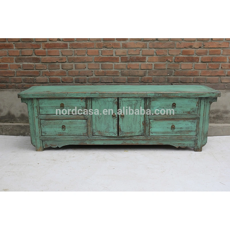 chinese antique reproduction furniture two door four drawer old pine made Blue White Green TV cabinet