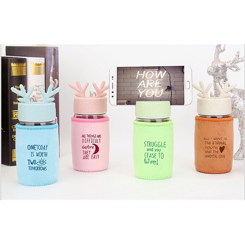2018 Hot Sell Glass Water Bottle Portable 380 ml Glass Cup with Flannel Cup Cover and Mobile Phone Support Lid
