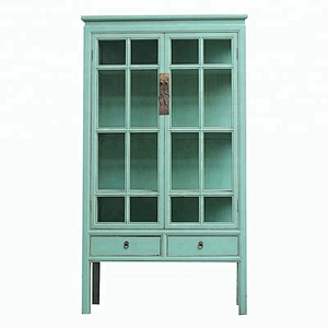 chinese antique lacquer wooden storage bookcase furniture with clear glass door