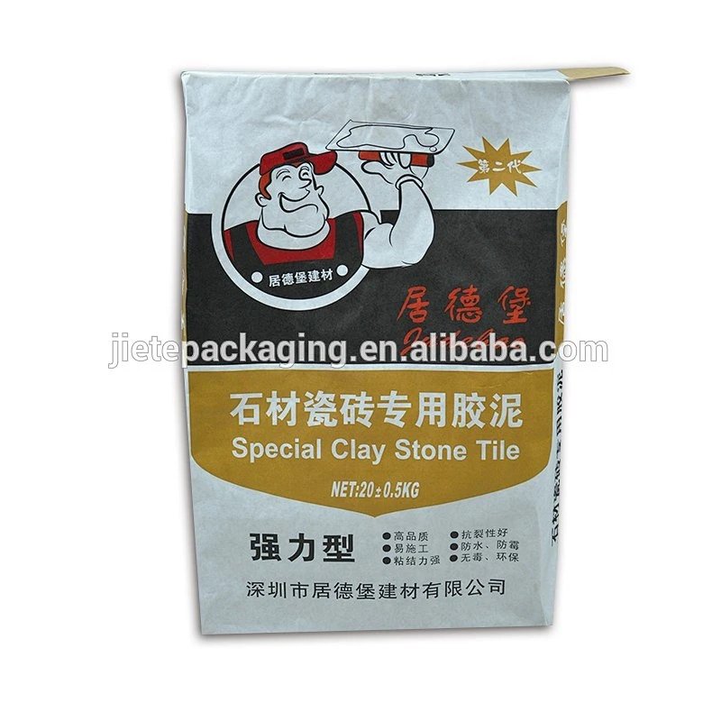 Custom printed kraft paper bag with square bottom valve port for tile adhesive, cement packing