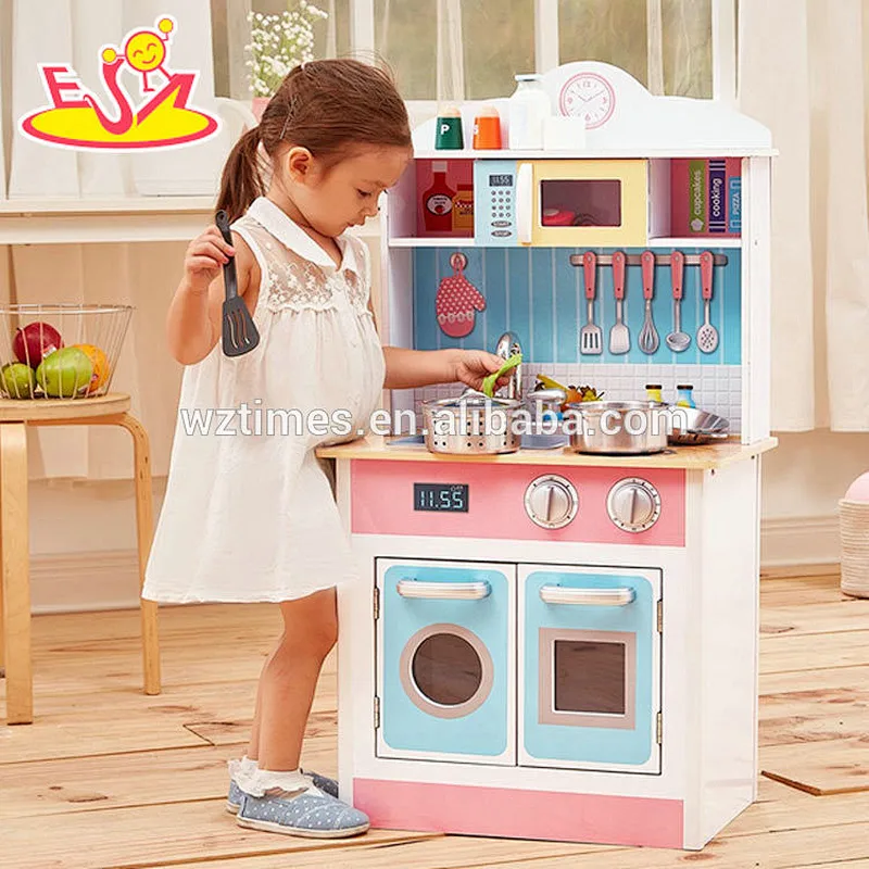 Nuevo diseño de niñas de madera rosa que cocinan juguetes para el juego de simulación W10C329