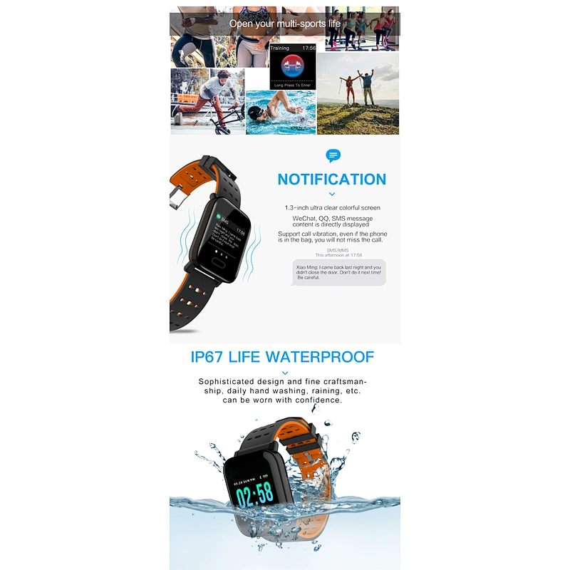 Hot Large Color Screen Heart Rate Blood Pressure Fitness Tracker waterproof Watch Bracelet
