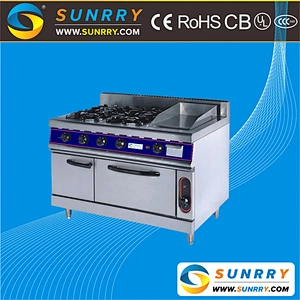 Hotel kitchen equipment commercial 4 burner with griddle, oven and cabinet