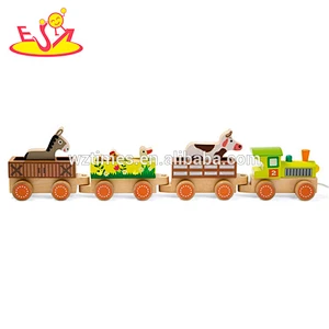 2018 wholesale baby toys wooden pull along train new design kids toys wooden pull along train with animals blocks W05C084