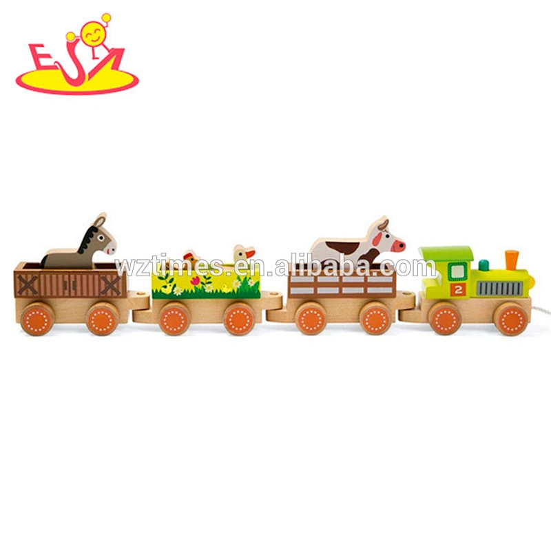 2018 wholesale baby toys wooden pull along train new design kids toys wooden pull along train with animals blocks W05C084
