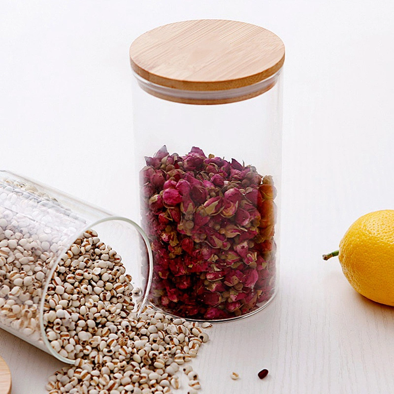 Simple style glass storage tanks bottle with bamboo lid for snack and cookie