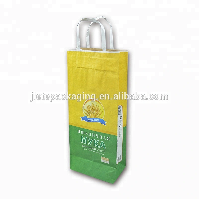 Customized block bottom kraft paper flour bag with handle 5kg for wheat,feed,seed,rice, grain