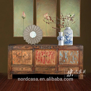 chinese antique style 3 drawer 6 door hand painting reclaimed elm wood buffet