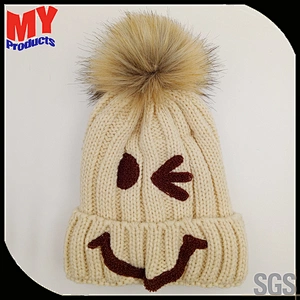 Manufacture adult kids warm winter hat custom knitted beanie hat with top fur ball