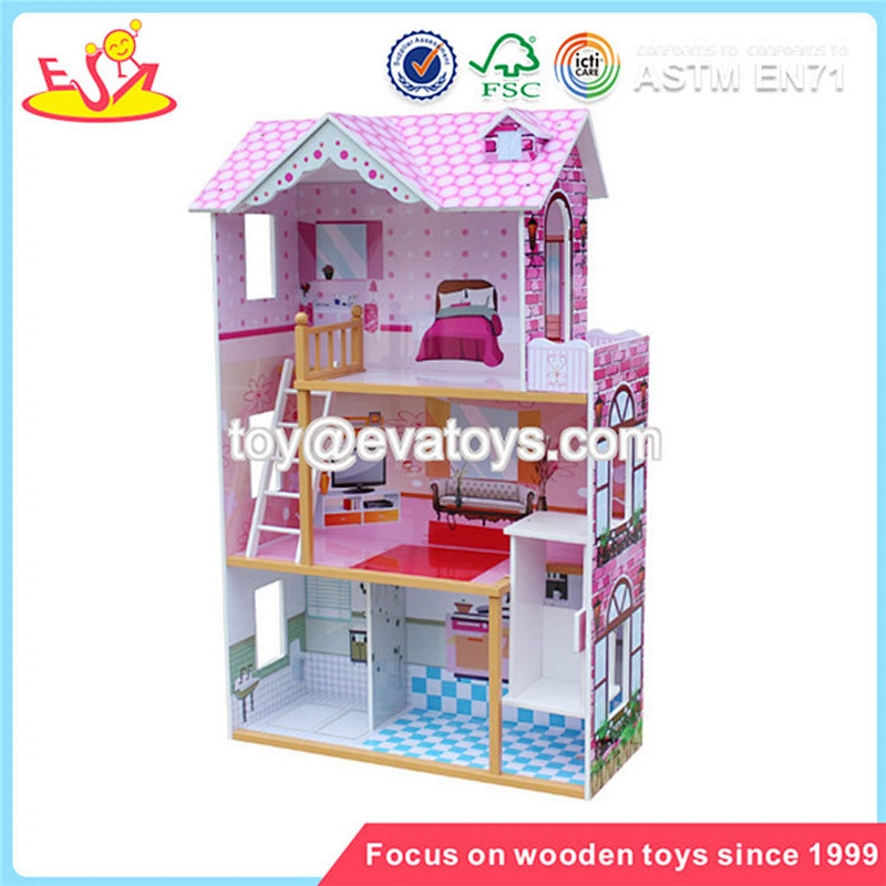 wholesale lovely role play kids wooden dollhouse delicate style children's wooden pink dollhouse for sale W06A032