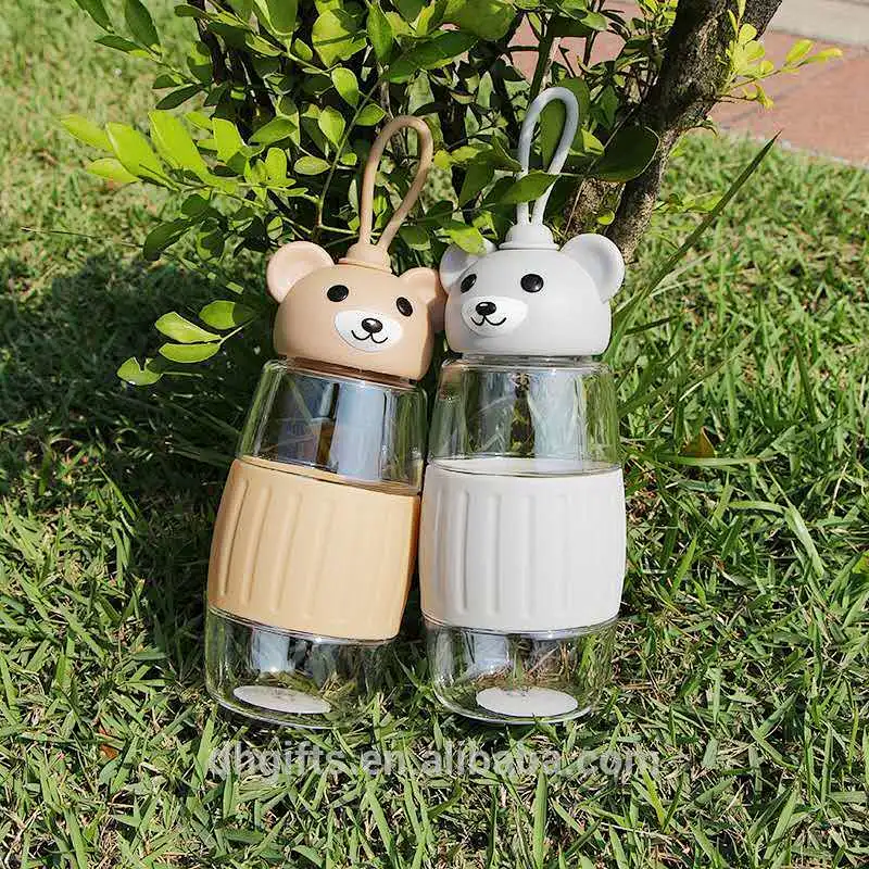 2018 Good Quality Eco-friendly PC Material Reusable PP Cup Cute Bear Shape Water Bottle with Anti-heat Silicone Sleeve