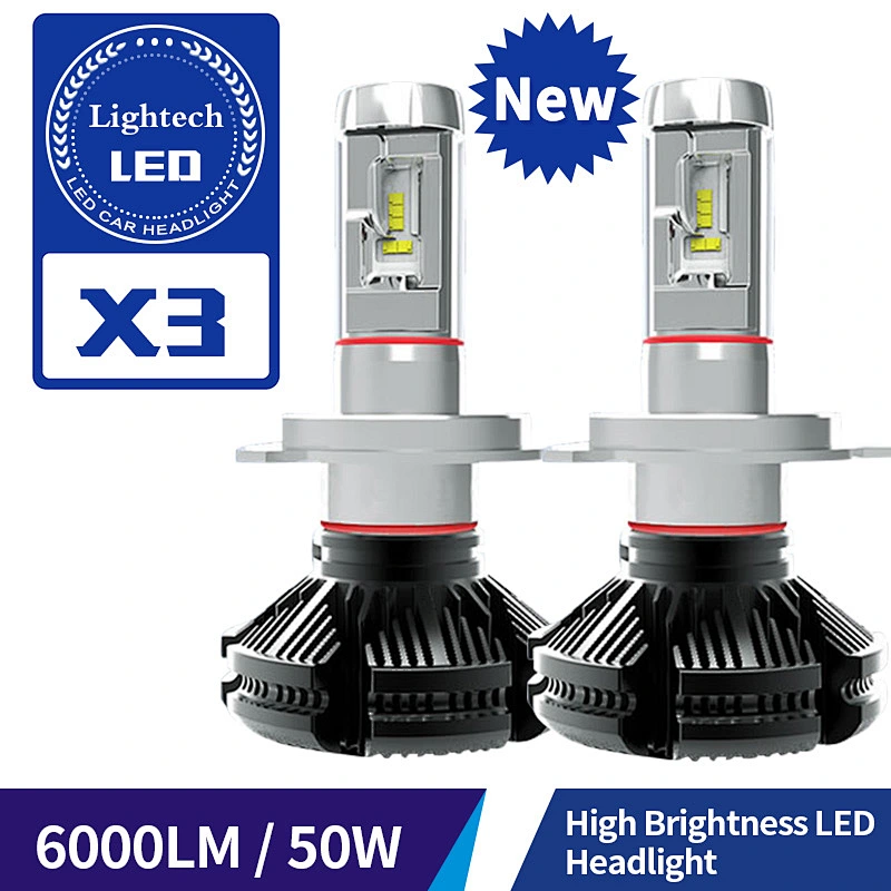 Lightech High Quality X3 Fanless LED Headlight H4 50W 8000LM H4 H13 High Low Brightness Headlamps 12v 24v For all universal car