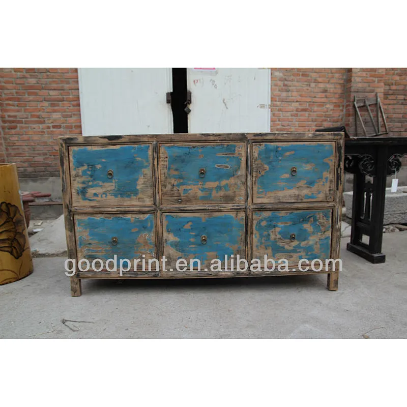 Chinese Antique six drawer blue distressted Furniture