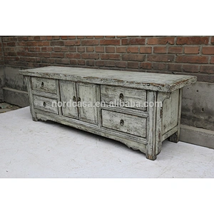 chinese antique reproduction furniture two door four drawer old pine made Blue White Green TV cabinet