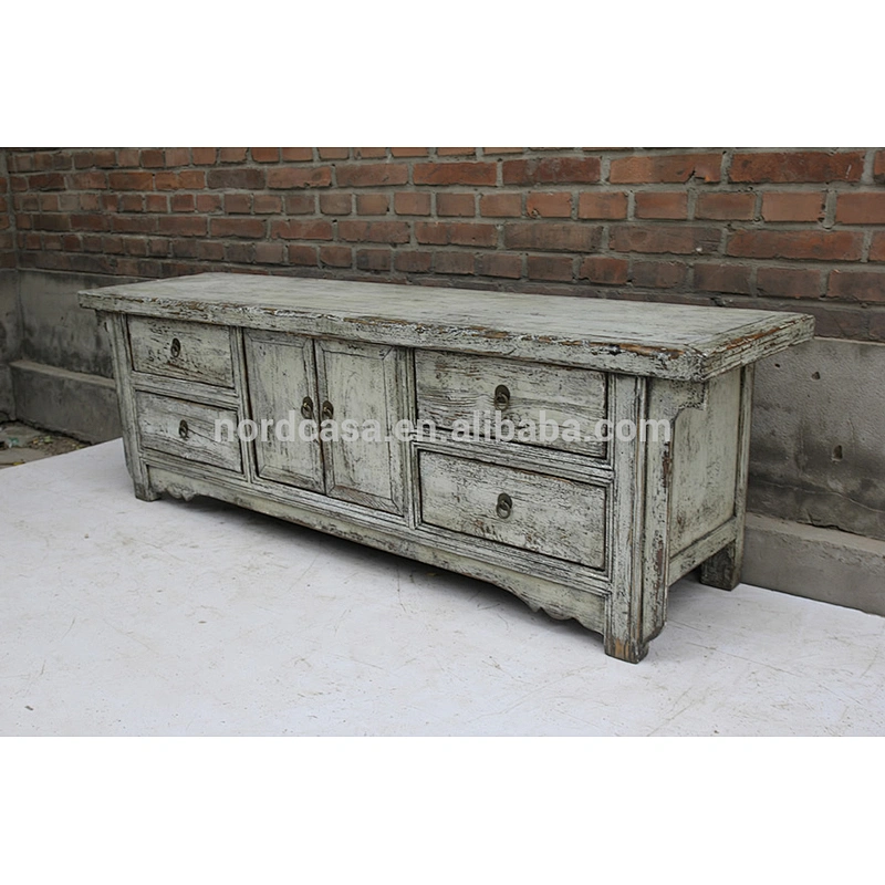chinese antique reproduction furniture two door four drawer old pine made Blue White Green TV cabinet