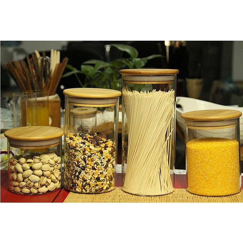 High borosilicate glass straight seal pot with bamboo lid for food
