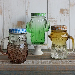 400ml Animal Owl Fox Cactus Shaped Vintage Sculptured Mason Jar with Handle and Straw Glass Beverage Cup
