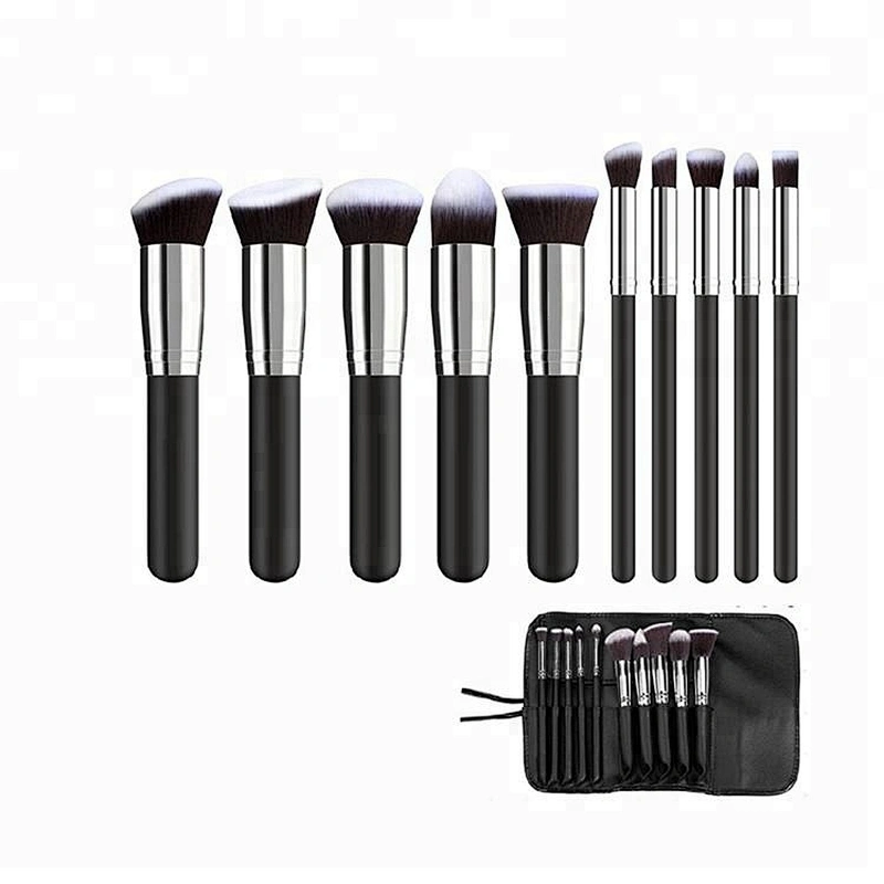 China Manufacturer Customized Logo Black 10pcs Makeup Brush Set With Makeup Bag Holder