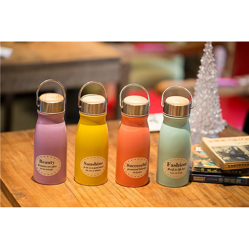 2017 new style 304 stainless steel milk vacuum mug with Wooden covered for girl easy to take