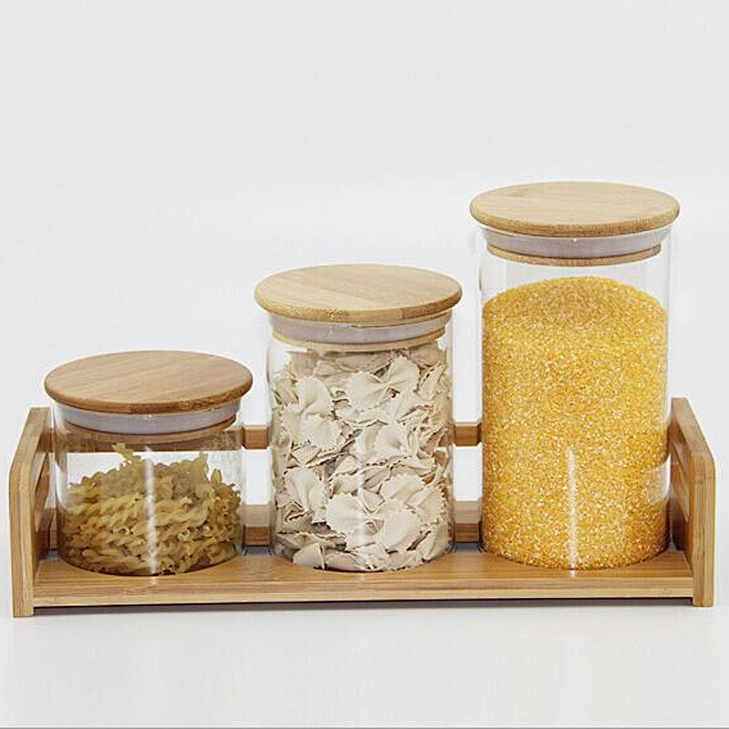 High borosilicate glass straight seal pot with bamboo lid for food
