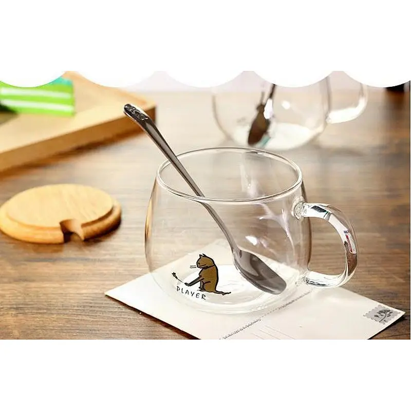 Good Sell Product Cute Pet High Borosilicate Glass Cup with Cover and Spoon Mug