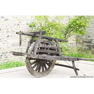 Chinese antique wood craft decoration rustic wooden garden cart