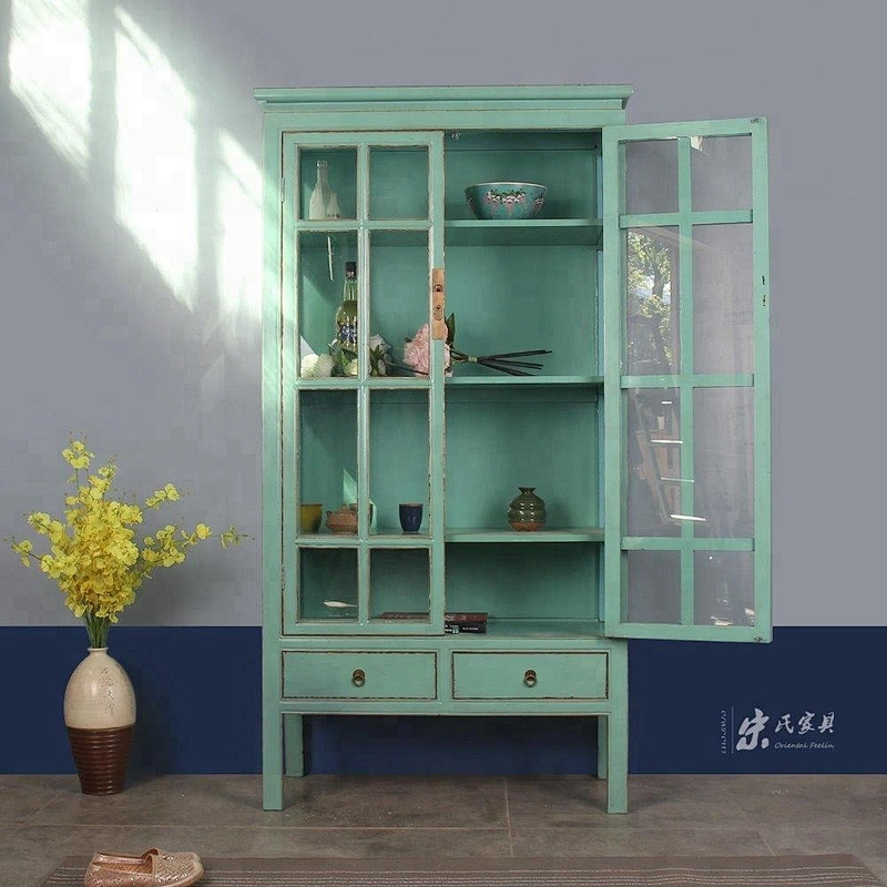 chinese antique lacquer wooden storage bookcase furniture with clear glass door