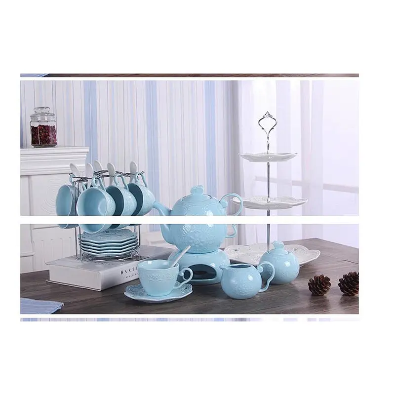 New design multifunctional coffee cup set 6 cups and spoon matching iron frame/three pot/pot holder