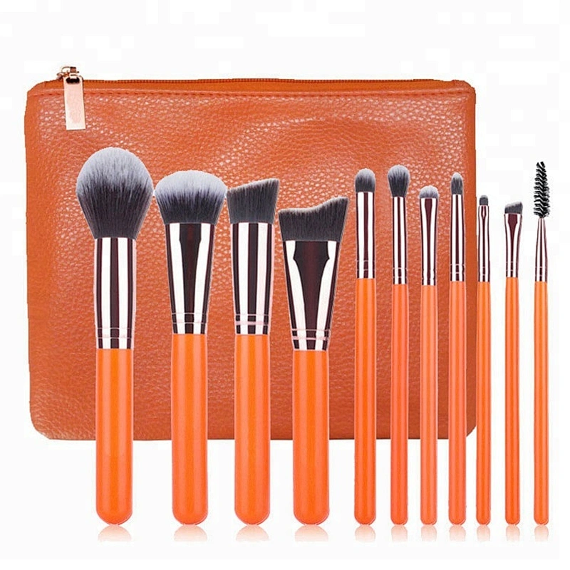 Private Label 11pcs Orange Makeup Brushes Set Powder Foundation Blusher Concealer Eyeshadow Eyecomb Brush Cosmetic Beauty Kit