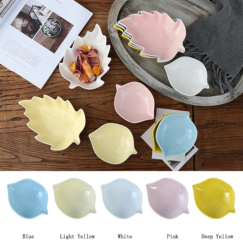 Wholesale Ceramic Tray Cute Snack Dish Creative Leaf Shape Porcelain Soup Bowl Colorful Party Food Plate 13.5*20 cm