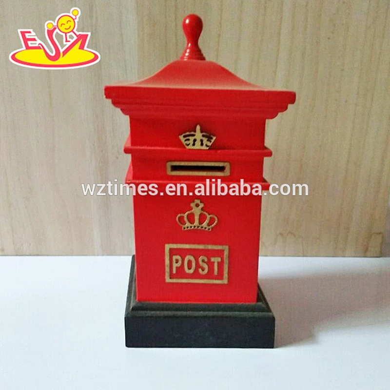 Wholesale beautiful wooden brown coin bank telephone booth shape wooden brown coin bank W02A274