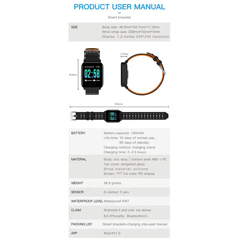 2019 Amazon Hot A6 Smart Band Heart Rate Blood Pressure Large Color Screen Fitness Tracker IP67 waterproof Bracelet Watch