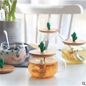 Creative 200ml 300ml Cartoon High Borosilicate Glass Mug With Bamboo lid and Spoon