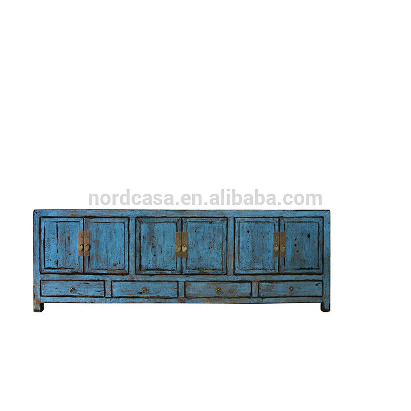 Six door four drawer reclaimed wood shiny finish TV cabinet Blue Asian high glossy antique chinese furniture old cabinet