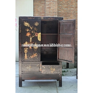 antique wood furniture lacquered black with painting old Wardrobe