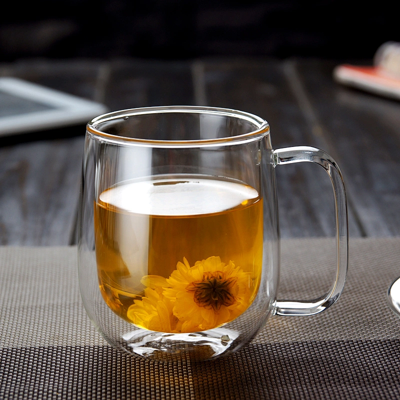 2018 High Borosilicate Double Wall Glass Coffee Cup Customized Logo Glass Water Mug with Lid and Handle