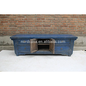 chinese antique reproduction furniture two door four drawer old pine made Blue White Green TV cabinet