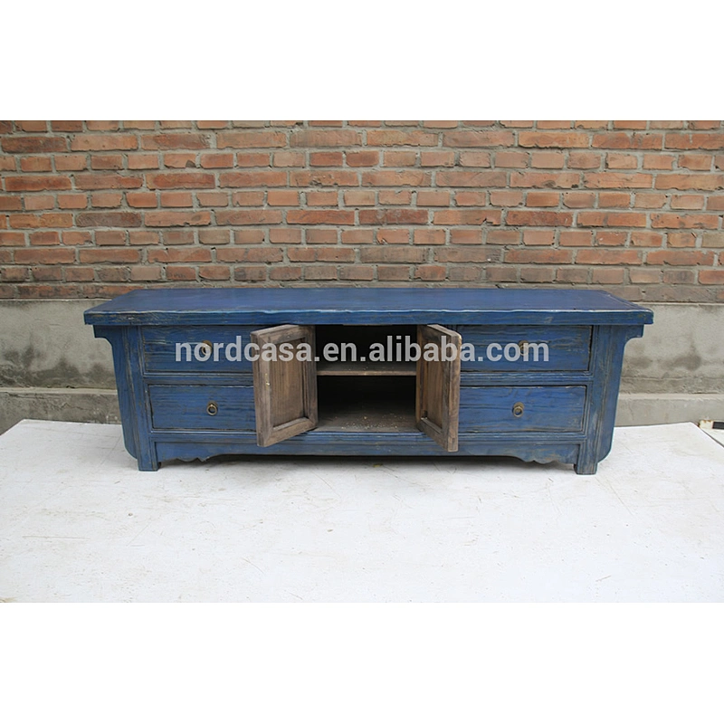 chinese antique reproduction furniture two door four drawer old pine made Blue White Green TV cabinet