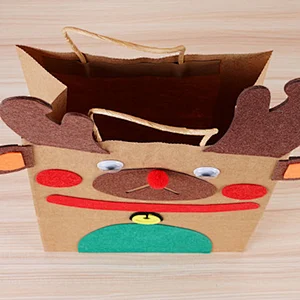 Custom Handle Gift Shopping Packaging DIY Craft Paper Carry Bags Manufacturer with Christmas elk sticker