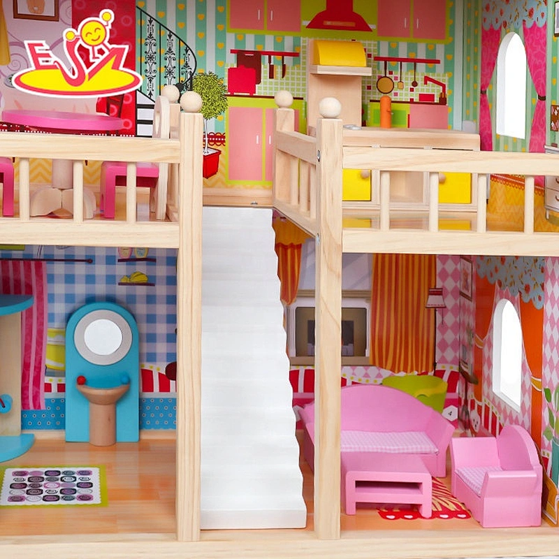 2018 Neues Design Mädchen Holz rosa Holz Puppenhaus-Kits für vorgeben W06A163C