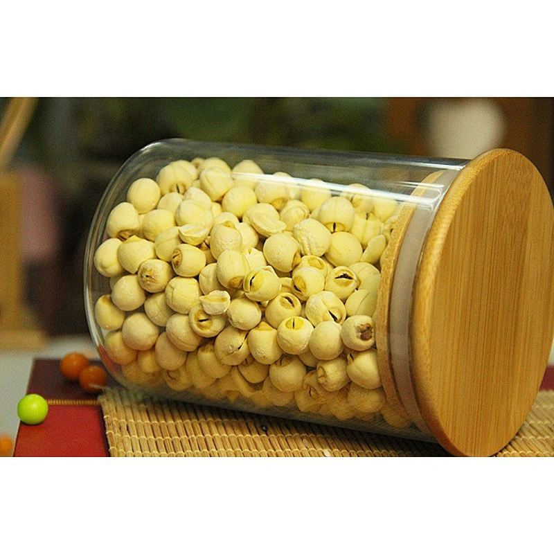 Cheap borosilicate sealed glass jar storage with wood lid for food