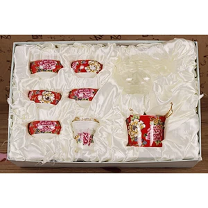China Celebrity red peony pattern tea cup set glass bottle for wedding