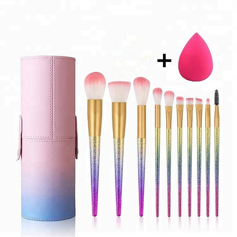 New Products Wanted Glitter Make Up 10pcs Rainbow Makeup Brushes Set Private Label With PU Leather Cosmetic Holder Beauty Sponge