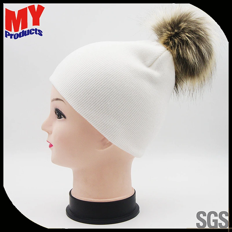 hot sale woman hat winter beanie pure custom big pompom knitted simple hat