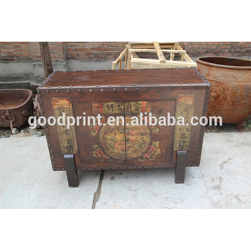 Aluminum and wood antique chinese medicine cabinet