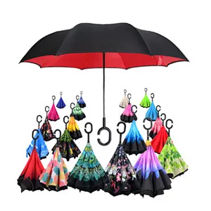 Reverse Folding Double Layer Inverted Umbrella And Self Standing Inside Out Rain Protection Umbrella With C Handle