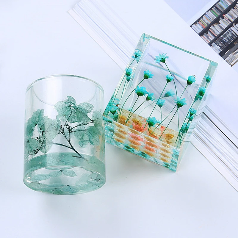 Round Mirror Pen Holder Silicone Mold DIY Dried square Flower Crystal Epoxy Flower Pot Pen Insert Concrete Storage Molds