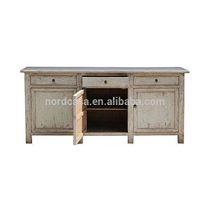 Oriental antique vintage solid wooden white lacquer sideboard distressed cabinet