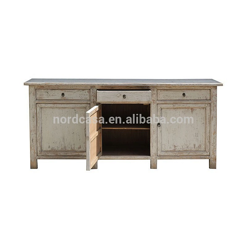 Oriental antique vintage solid wooden white lacquer sideboard distressed cabinet