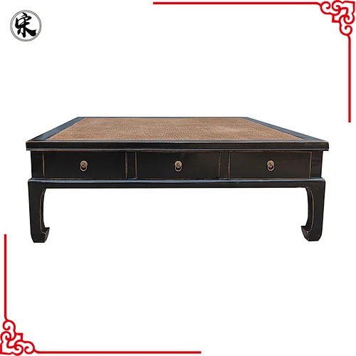 chinese lacquer solid wood pine rattan top coffee table furniture